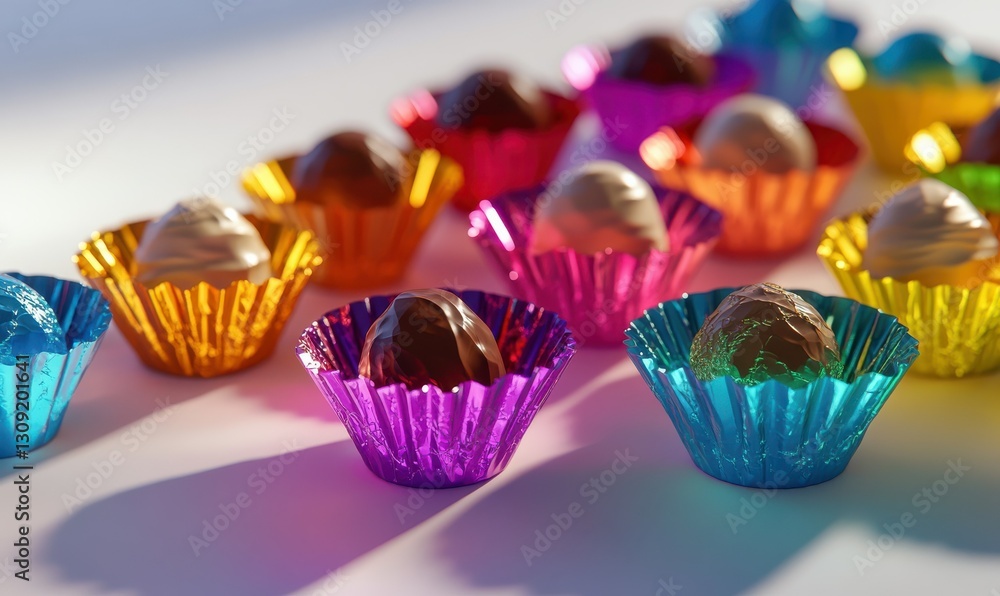 Poster luxurious truffle chocolates arranged in vibrant colored wrappers, illuminated by soft light on a cl
