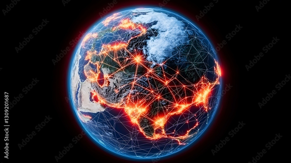 Poster the image shows a digital rendering of earth at night, with major cities illuminated. a network of i