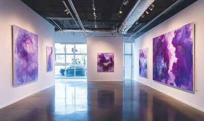 Art gallery interior featuring large purple abstract paintings.