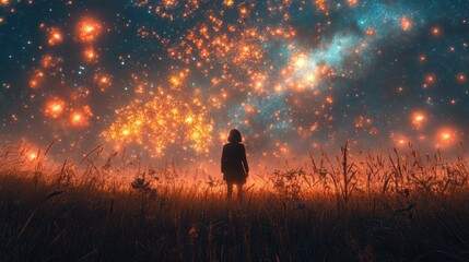 Fototapeta premium Person gazing at starry night sky with vibrant orange nebula in field