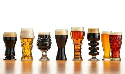 A lineup of various beer styles in elegant glasses on a wooden table.