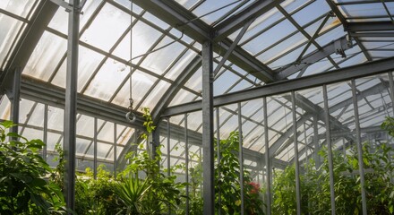 Interior of modern greenhouse with glass roof and walls. Agricultural structure for growing plants. Botanical garden or commercial farming facility with sunlight and plants