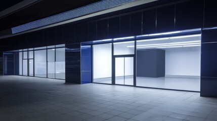 Obraz premium Deserted sidewalk in front of an empty commercial building at night, illuminated by streetlights. Urban nighttime scene with moody atmosphere and quiet streets