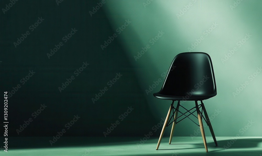 Poster minimalist black chair set against a deep green background illuminated by diffused light, creating a