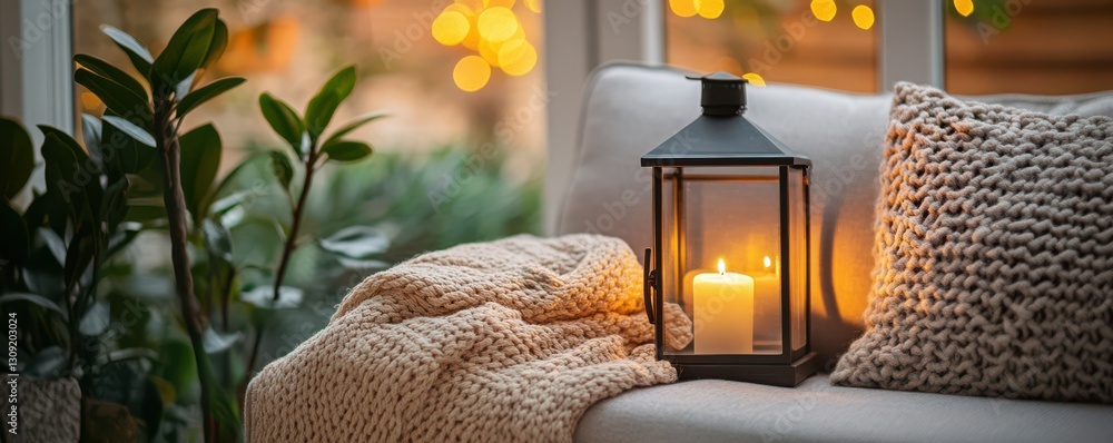 Poster warm glow of a lantern illuminating a soft background at dusk in a cozy setting