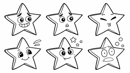 Star Character with Different Emotions, Line Art Set of Cartoon Star Faces Expressing Happiness, Sadness, Anger, Confusion, and Surprise