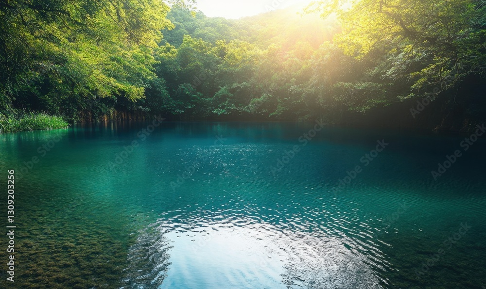 Poster serene natural lake surrounded by lush greenery illuminated by soft sunlight creating a tranquil and