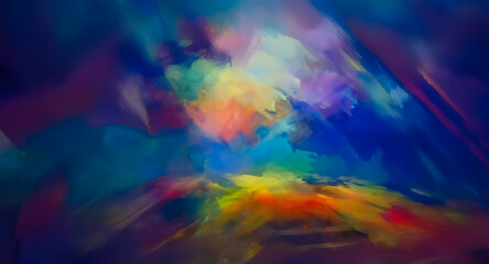 Vibrant abstract artwork with swirling brushstrokes. Blue, yellow, orange, red, green, and purple hues blend together, creating a dynamic and energetic composition.