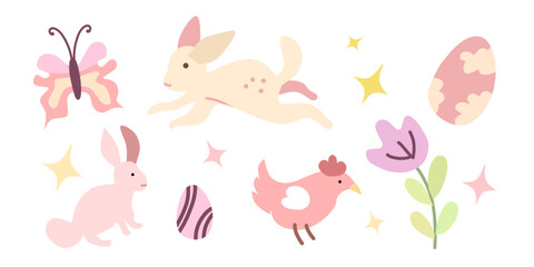 A collection of Easter bunny and bird characters with eggs, flower, leaves and butterfly illustration. Cheerful and festive, with a focus on the Easter holiday. Colorful vector