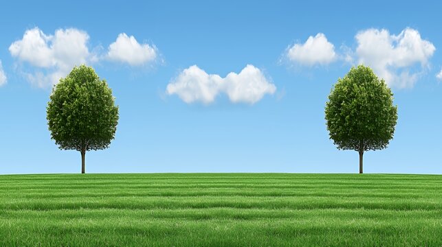Two Lush Green Trees on a Rolling Green Field Under a Blue Sky with Fluffy Clouds
