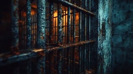 Obraz premium Rusty bars of a cell are in focus against a blurred, stone wall backdrop