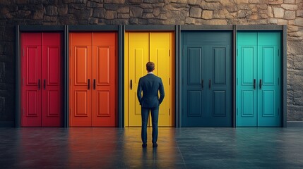 Opening the Door to New Opportunities. businessman standing before colorful door, symbolizing the endless opportunities, growth, and success ahead in his career. visual ambition, innovation lifestyle