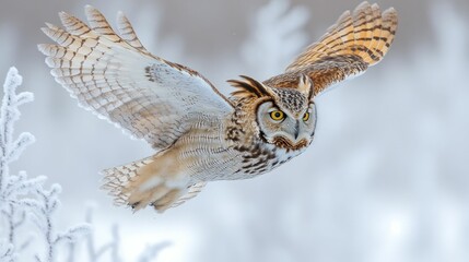 Obraz premium Majestic owl in flight, winter wonderland backdrop.