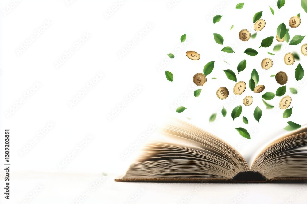 Poster open book with green leaves floating above representing the power of education knowledge and intelle