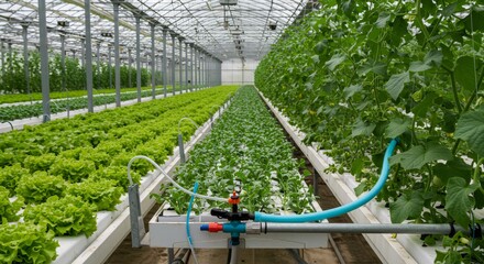Hydroponic greenhouse with rows of lettuce and cucumber plants. Modern agriculture technology for sustainable food production. Industrial scale vertical farming system
