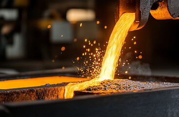 A detailed close-up of molten steel being cast into a mold at a steel production facility