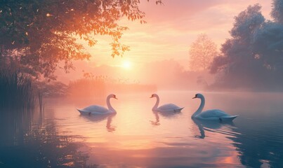 Naklejka premium Serene swans floating gracefully on a calm lake at sunrise, surrounded by soft pink and orange hues creating a magical atmosphere
