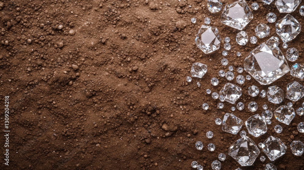 Poster a close-up of sparkling diamonds and crystals scattered on a textured brown surface, creating a stun