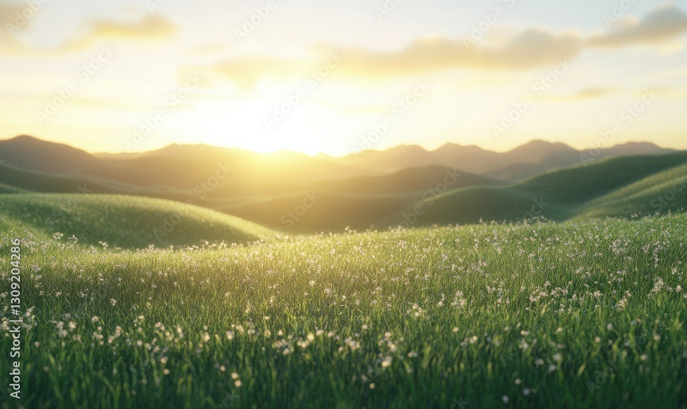 Poster serene view of a grassy field illuminated by golden sunlight with rolling green hills in the backgro