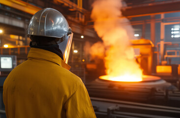 A steel mill worker in full protective gear observes the refining process in a basic oxygen furnace