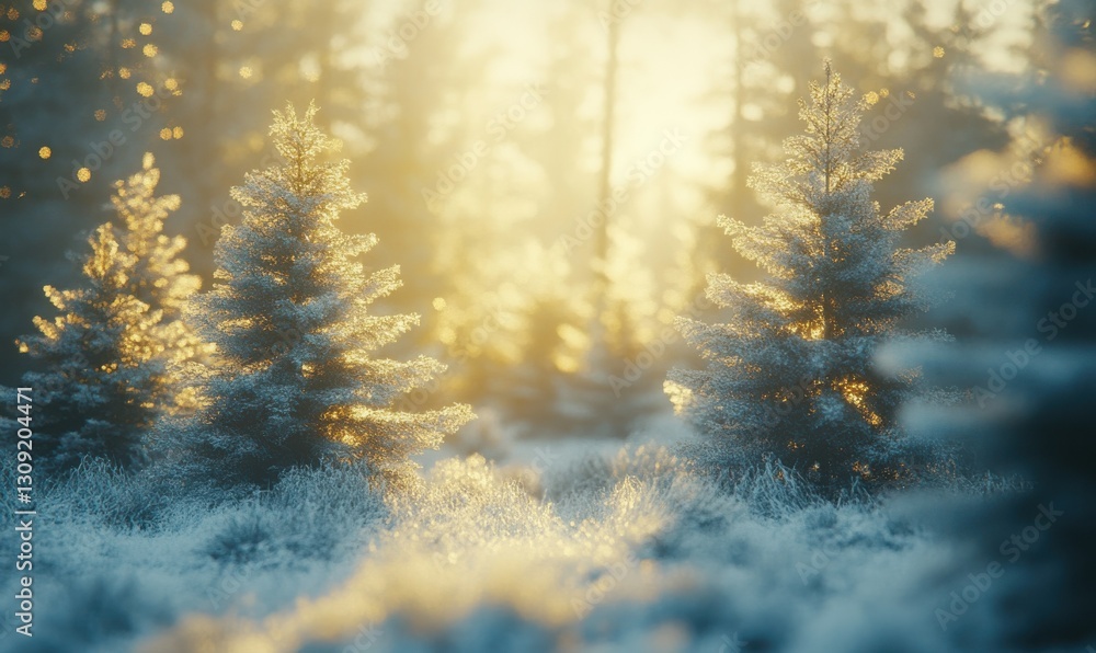 Poster serene winter forest illuminated by soft golden light streaming through frosted pine trees, creating