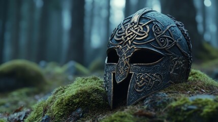 Ancient Ornate Helmet in Mossy Forest