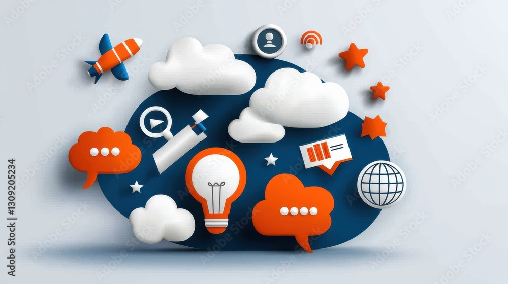 Poster innovative cloud based brainstorming and communication concept with digital symbols geometric shapes
