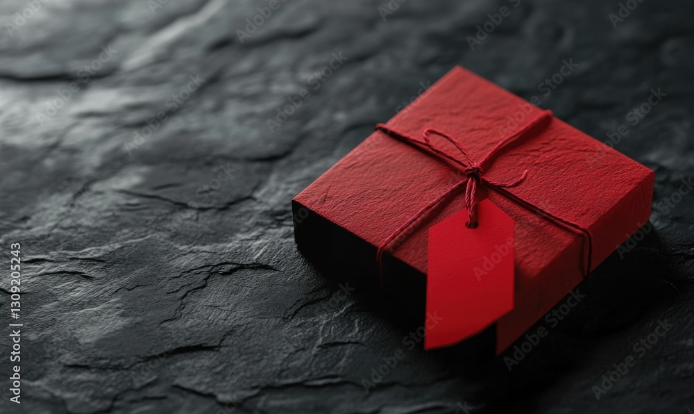 Aufkleber single red gift tag tied to a small package, placed on a bold black background with soft shadows emp