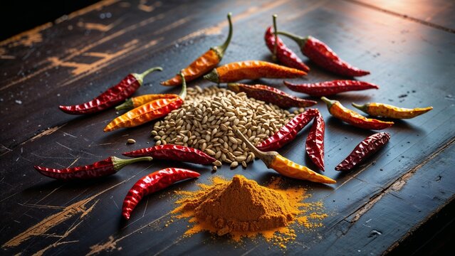 A vibrant arrangement of dried chili peppers in various shades of red, orange, and yellow, cumin seeds scattered across the surface, and a small mound of golden ground turmeric.