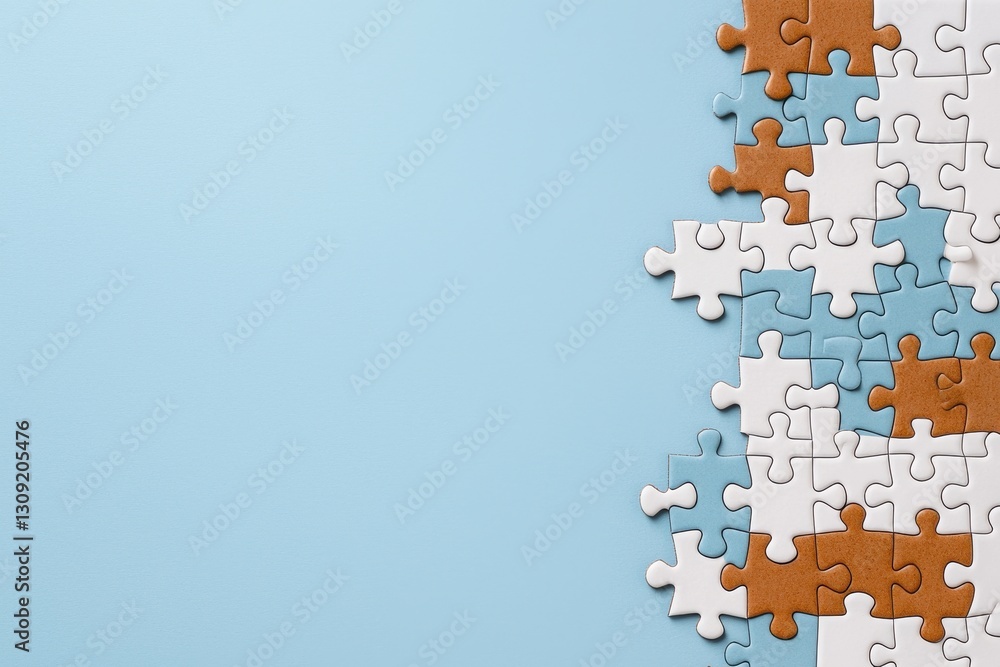 Poster incomplete jigsaw puzzle pieces arranged on a pastel blue background symbolizing the concept of prob