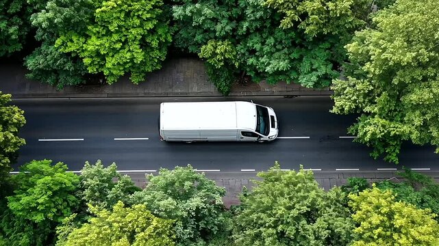 A white delivery van gliding through an urban neighborhood with green trees on both sides, reflecting how efficient transportation systems contribute to rapid and reliable logistic