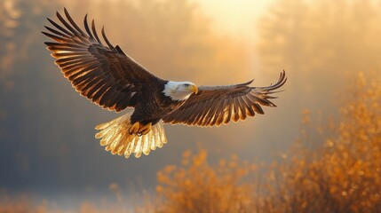 Fototapeta premium Majestic eagle soaring, golden sunset wings.