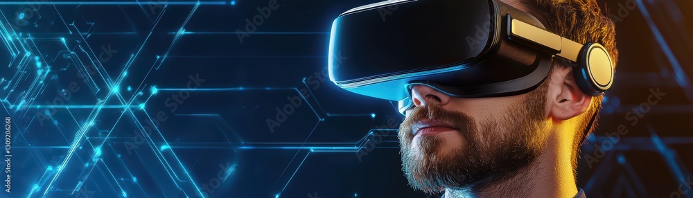 Poster immersive virtual reality user in a futuristic technology environment with advanced graphics