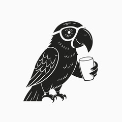 cartoon parrot with sunglasses holding glass of orange juice. Black silhouette parrot bird mascot cartoon in vector