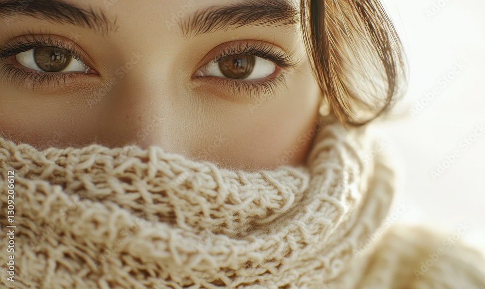 Poster soft beige knitted fabric close-up with intricate woven patterns, highlighting texture and warmth in