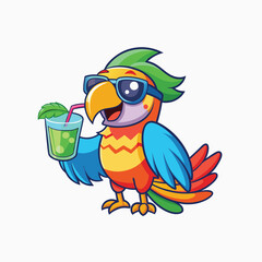 Red and Green Parrot Cartoon with sunglasses holding glass of orange juice vector cartoon illustration isolated on white background