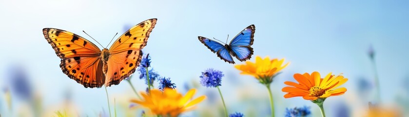 Obraz premium Vibrant Wildflower Field with Colorful Butterflies in Bright Blue Sky