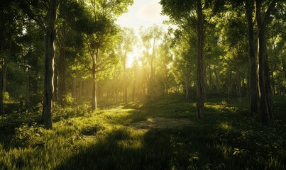 Obraz premium Soft golden light streaming through a lush green forest, creating a tranquil and serene natural landscape