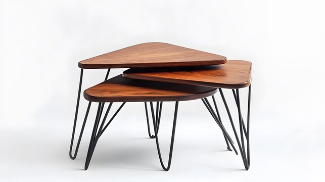 A minimalist triangular nesting table set with wooden tops and metal legs, arranged on a white background