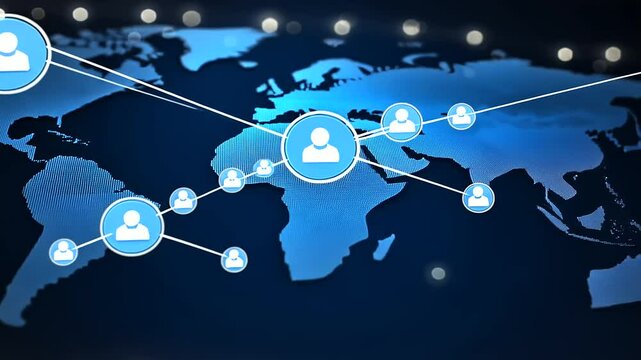 Abstract digital network with glowing connections across the world, symbolizing the vast global business relationships and the seamless communication between corporate teams worldw