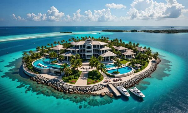 Luxury private island resort with grand mansion surrounded by turquoise waters palm trees infinity pools and yachts under a bright blue tropical sky. 