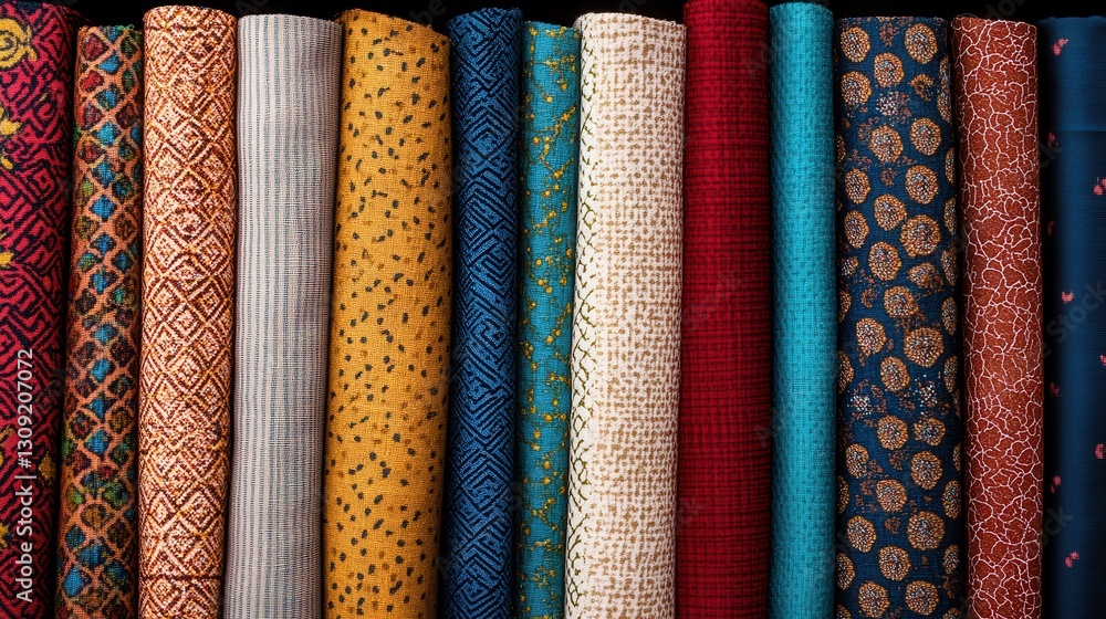Poster a vibrant collection of rolled fabrics displaying intricate patterns and rich colors, perfect for cr
