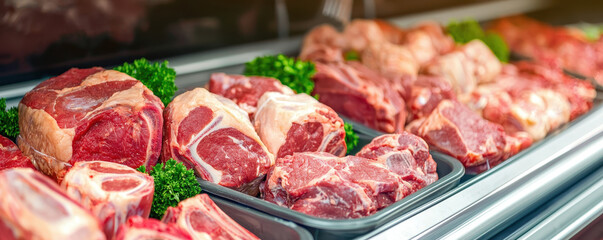 Fresh meat display with high quality cuts in market setting