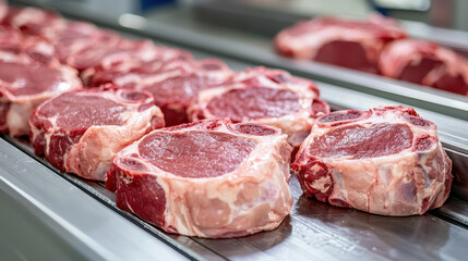 Raw meat cuts on conveyor in modern processing facility
