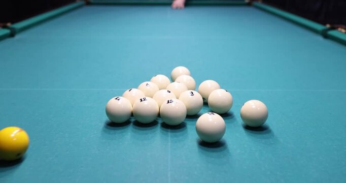 A neatly arranged triangle of colorful pool balls sits on a vibrant green felt table, eagerly waiting for a game