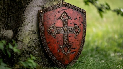 Red Medieval Shield with Cross Design Leaning Against Tree