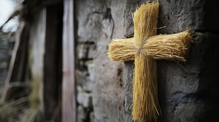 Rustic Straw Cross on Old Stone Wall