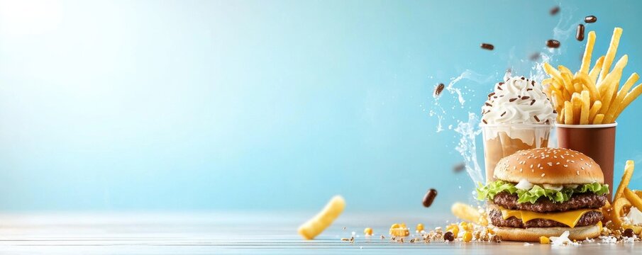 Mouth watering burger and golden french fries arranged on a rustic wooden table with a vibrant blue background creating a tempting and indulgent culinary scene