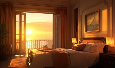 Elegant hotel room featuring warm tones with stunning views of the sunset over the ocean, inviting relaxation and tranquility in a serene coastal atmosphere.