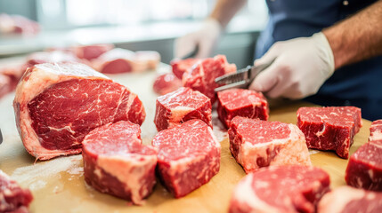 Butcher slicing fresh meat on wooden workstation with precision